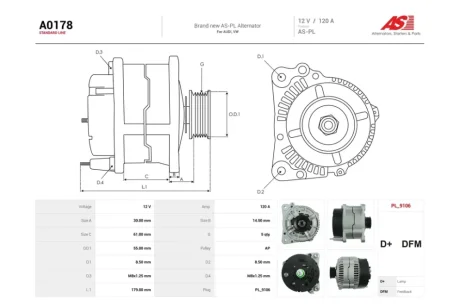 Генератор Audi A4 B5, A6 C5/ VW Passat B5 1.9d (120A) (A0178) AS 'A0178