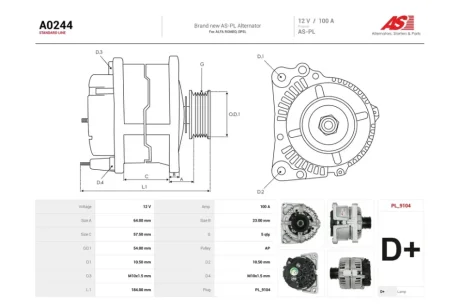 Генератор Opel Astra (G,H), Vectra C, Zafira B 1.6, 1.8i (100A) (A0244) AS 'A0244