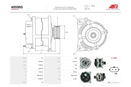 Генератор Renault Clio IV, Kadjar (15-), Logan II, Megane (III,IV) 0.9, 1.2, 1.3, 1.6i, 1.5, 1.6, 1.9d (150A) (A0590S) AS 'A0590S