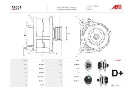 Генератор Opel Astra G, Vectra B 1.4-2.2i (100A) (A1001) AS 'A1001