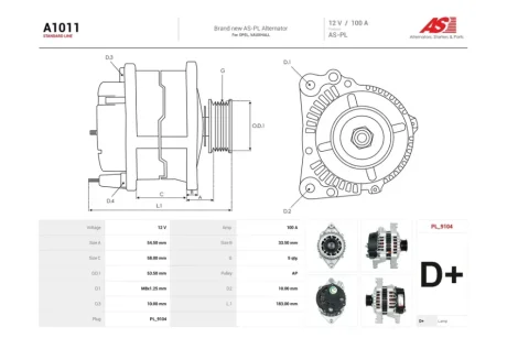 Генератор Opel Astra (G,H), Vectra C 1.4, 1.6, 1.8, 2.0i (100A) (A1011) AS 'A1011