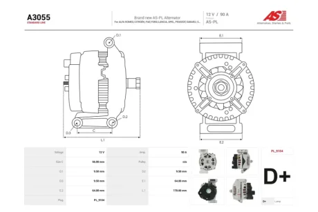Генератор Fiat Doblo (10-), Fiorino (07-), Tipo (16-) 1.3d (90A) (A3055) AS 'A3055