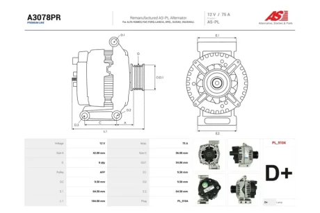 Генератор Fiat Doblo (05-), Fiorino (07-) 1.3d (75A) (A3078PR) AS 'A3078PR