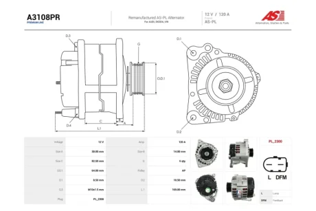Генератор Audi A4 (B5,B6), A6 C5/ Skoda Superb I (120A) (A3108PR) AS 'A3108PR