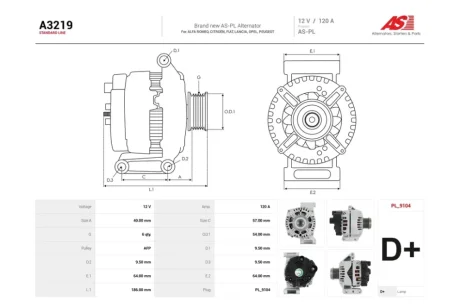 Генератор Fiat Doblo (05-), Fiorino (07-) 1.3d (120A) (A3219) AS 'A3219