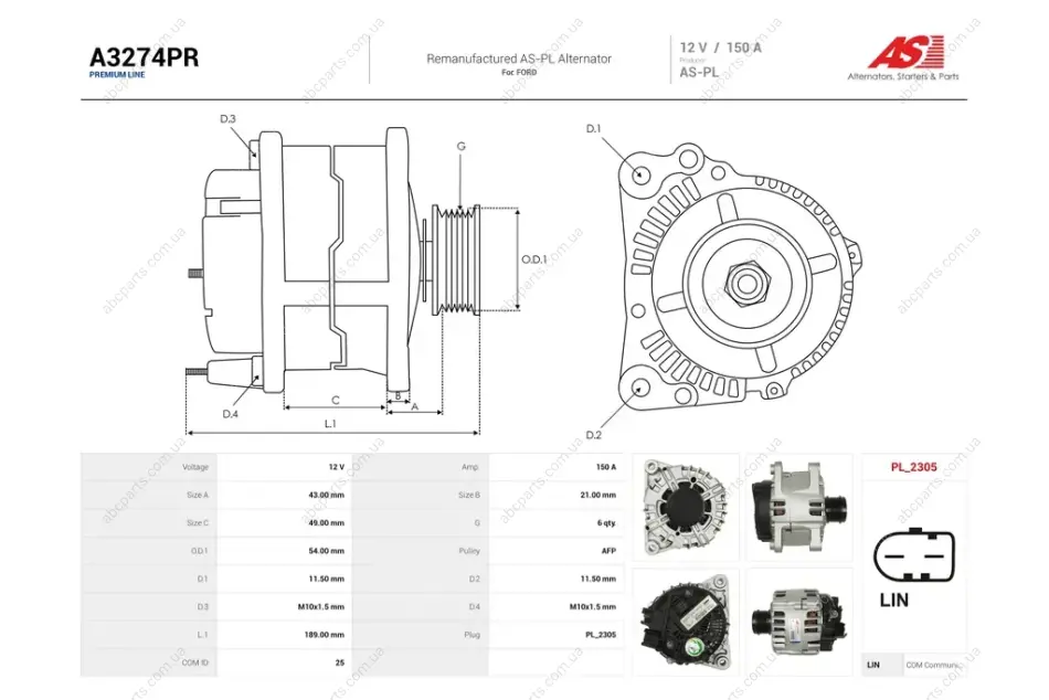 Генератор Ford Mondeo IV 2.0d (150A) (A3274PR) AS 'A3274PR (фото 1)