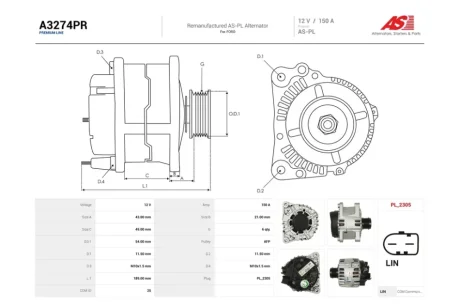 Генератор Ford Mondeo IV 2.0d (150A) (A3274PR) AS 'A3274PR