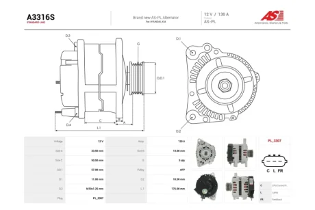 Генератор Hyundai Elantra V, i30 (12-) 1.4, 1.6d, i40 I 1.7d (130A) (A3316S) AS 'A3316S