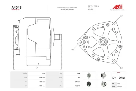 Генератор Opel Astra H, Vectra C 1.9d (130A) (A4048) AS 'A4048