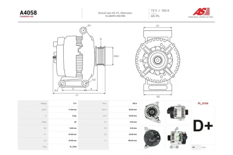 Генератор Fiat Bravo II, Doblo (10-), 500 (09-) 1.4i (105A) (A4058) AS 'A4058