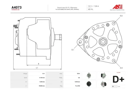 Генератор Fiat Doblo (10-), Ducato (11-) 1.6, 2.0d/ Opel Astra H, Vectra C, Zafira B 1.9d (120A) (A4073) AS 'A4073