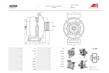 Генератор Mazda 3 (03-09) 2.0i (90A) (A5098) AS 'A5098