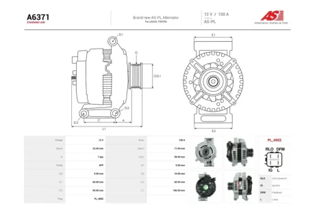 Генератор Toyota Rav 4 (III,IV) 2.2d (150A) (A6371) AS 'A6371