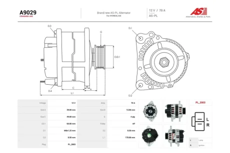 Генератор Hyundai Getz (02-09)/ Kia Picanto I 1.1, 1.4i (70A) (A9029) AS 'A9029