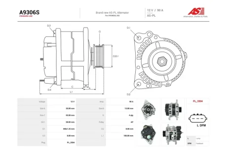 Генератор Hyundai Accent III 1.4, 1.6i, Tucson (04-10) 2.0, 2.7i (90A) (A9306S) AS 'A9306S