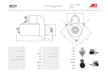 Стартер VW T4 1.8, 2.0i, 2.5d (10 зуб.) (S0131) AS 'S0131