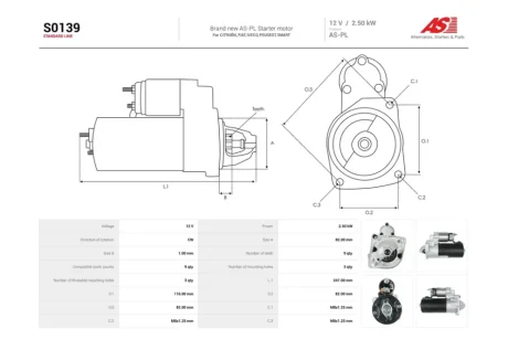 Стартер Citroen Jumper (I,II) 2.8, 3.0d/ Fiat Ducato (07-) 2.3, 3.0d/ Iveco Daily VI (9 зуб.) (S0139) AS 'S0139