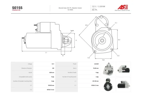 Стартер Volvo S60 (I,II), XC60 (08-), XC70 (07-) 2.0, 2.4d (9 зуб.) (S0155) AS 'S0155
