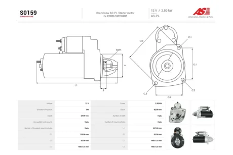 Стартер Citroen Jumper (I,II) 2.8, 3.0d/ Fiat Ducato (07-) 2.3, 3.0d (9 зуб.) (S0159) AS 'S0159