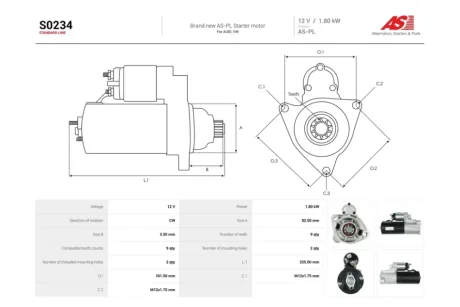 Стартер Audi A4 (B5,B6)/ VW Passat B5 1.9, 2.0d (9 зуб.) (S0234) AS 'S0234