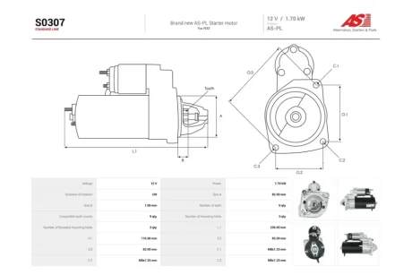Стартер Fiat Ducato (06-) 2.3d (9 зуб.) (S0307) AS 'S0307