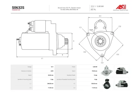 Стартер Skoda Kodiaq (I,II), Octavia (III,IV)/ VW Caddy (III,IV,V), Golf (VI,VII,VIII) 2.0d (13 зуб.) (S0632S) AS 'S0632S