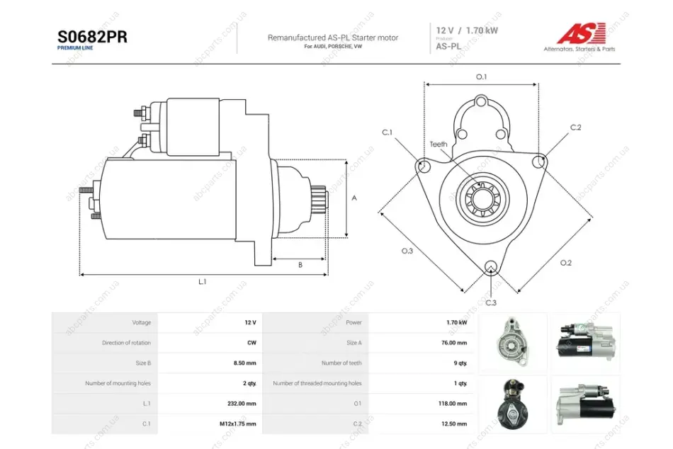 Стартер Audi Q7 (06-15)/ VW Touareg (04-10) 3.0, 3.6i (9 зуб.) (S0682PR) AS 'S0682PR (фото 1)
