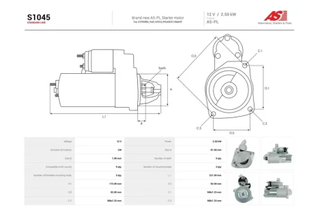 Стартер Citroen Jumper (I,II) 2.8, 3.0d/ Fiat Ducato (07-) 2.3, 3.0d (9 зуб.) (S1045) AS 'S1045
