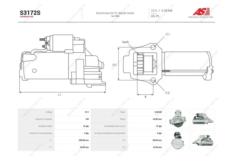 Стартер Citroen Jumper II/ Fiat Ducato (06-)/ Ford Transit (06-14) 2.2d (12 зуб.) (S3172S) AS 'S3172S (фото 1)