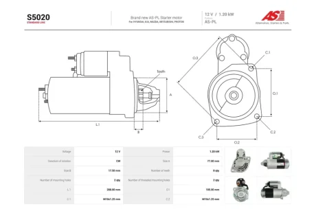 Стартер Mitsubishi L200 (86-) 2.0, 2.4i (8 зуб.) (S5020) AS 'S5020