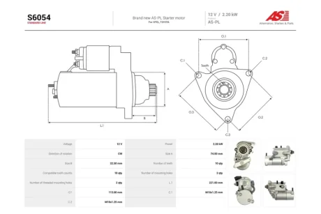 Стартер Toyota Land Cruiser Prado (J12) 4.0i (10 зуб.) (S6054) AS 'S6054