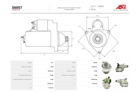 Стартер Lexus RX (98-03) 3.0i/ Toyota Rav 4 (I,II,III) 2.0, 2.4i (13 зуб.) (S6057) AS 'S6057