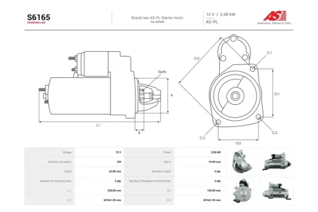 Стартер Toyota Land Cruiser 200, Sequoia (07-) 5.7i (9 зуб.) (S6165) AS 'S6165