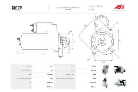 Стартер Honda Accord VIII, Civic VIII, CR-V III 1.6, 1.8, 2.0i (9 зуб.) (S6175) AS 'S6175