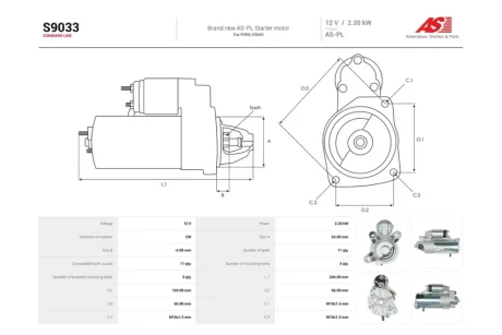 Стартер Ford Focus (II,III), Kuga (I,II), Mondeo IV 2.0d (11 зуб.) (S9033) AS 'S9033
