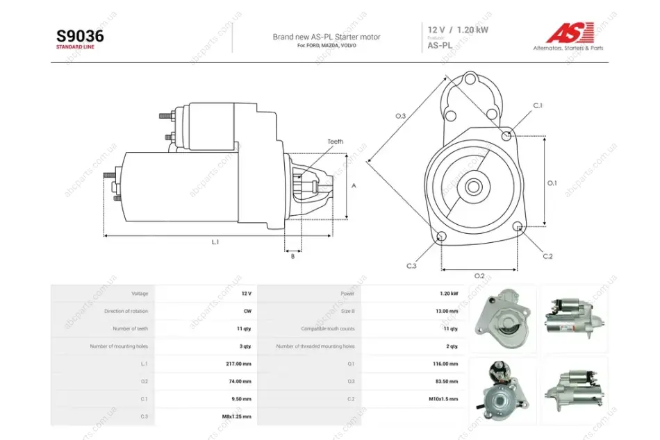 Стартер Ford Focus (II,III), Transit (15-) 1.5, 1.6d (11 зуб.) (S9036) AS 'S9036 (фото 1)