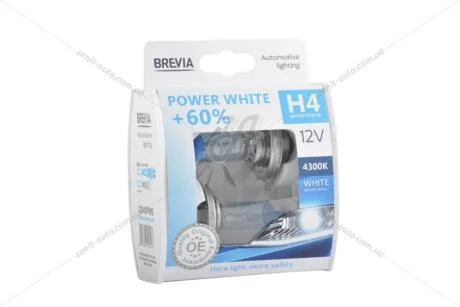 Лампа галогенная H4 12V 60/55W P43t +60% 4300K Power White EXTRA LIGHT (к-т 2шт) Brevia BREVIA 12040PWS