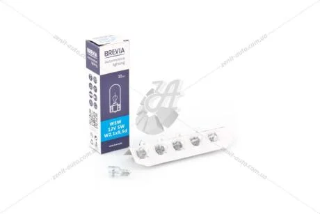 Лампа розжарювання 12V W5W 5W W2.1x9.5d T10 (повтор.пов..номер.габариты) б/цоколя (кратно 10) Brevia BREVIA 12308C