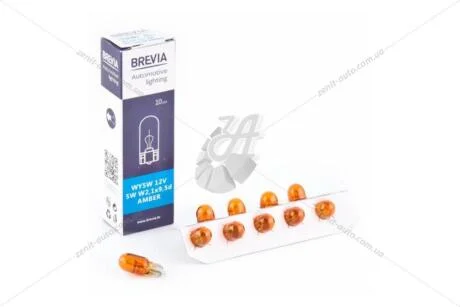 Лампа накаливания 12V WY5W 5W W2.1x9.5d T10 AMBER (оранж) (повор повор. б/цоколя) (кратно 10) Brevia BREVIA 12309C