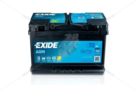 АКБ 6СТ-72 R+ (пт760) (необслуж) AGM Exide (Start/Stop) EXIDE EK720