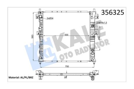 Радіатор охолодження двигуна (паяний) SsangYong Kyron (05-), Actyon (06-) МКПП 2.0 XDi, 2.7 XDi, 2.3i OTO RADYATOR Kale 356325