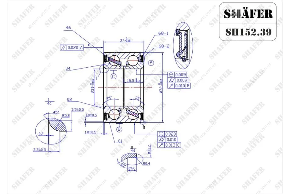 Підшипник передній Ford Escort, Fiesta, Orion, Ka (89-08)(37x39x72) SHAFER SH152.39 (фото 1)