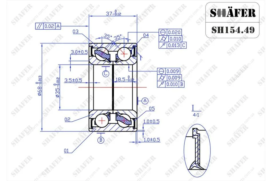 Підшипник передній VW Caddy II; Skoda Favorit, Felicia I/II (88-02)(35x37x68) SHAFER SH154.49 (фото 1)