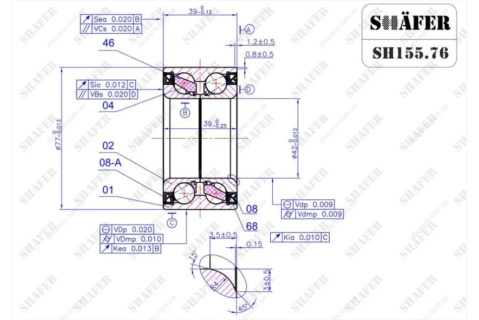 Підшипник передній Renault Megane II, Clio III, Scenic II, Dokker, Lodgy (04)(39x42x77) ABS+ SHAFER SH155.76 (фото 1)