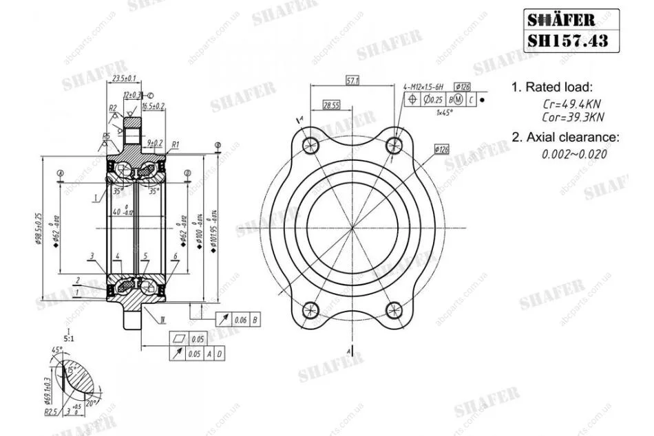 Підшипник маточини передній Audi A4, A5, A6, A7 (08-) (61x62x102) ABS+ (+монт. к-кт) SHAFER SH157.43K (фото 1)
