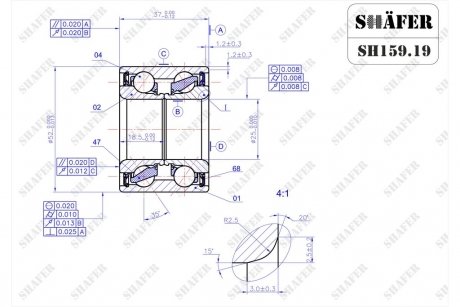 Подшипник задний Peugeot 106, 206,306,309; Nova,Solenza,Xsara (86-)(52x25x37) SHAFER SH159.19