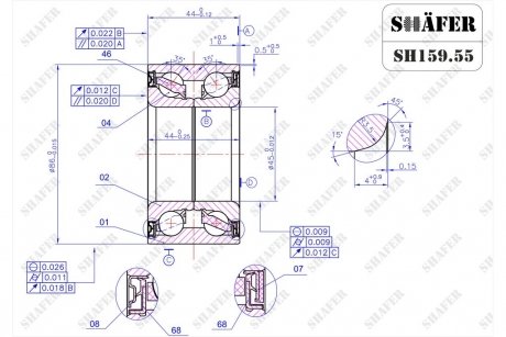 Подшипник передний Peugeot Expert, Scudo, Jumpy (07-)(44x45x86) ABS+ SHAFER SH159.55