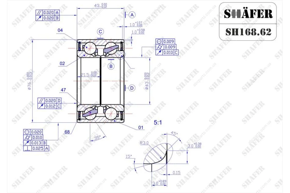 Підшипник передній Nissan X-Trail T30, Maxima A33-A34, Primera P12 (00-)(43x43x76) SHAFER SH168.62 (фото 1)