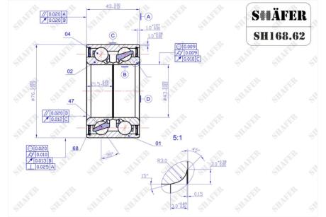 Підшипник передній Nissan X-Trail T30, Maxima A33-A34, Primera P12 (00-)(43x43x76) SHAFER SH168.62