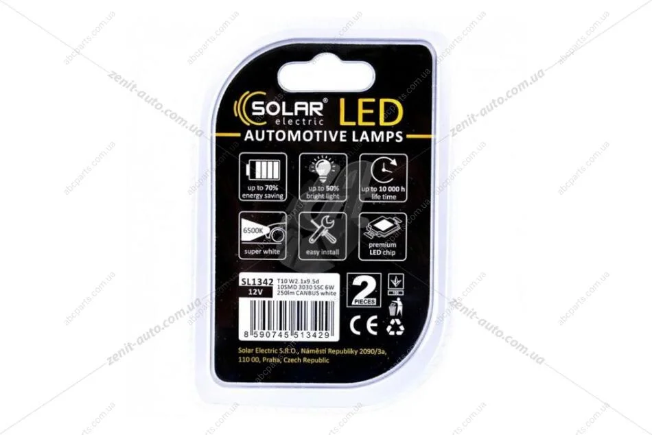 Лампа светодиодная 12V T10 W2.1x9.5d W5W (10SMD 30x30) SSC 6W CANBUS обманка белый (к-т 2шт) Solar SL1342 (фото 1)
